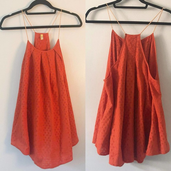 Free People Dresses & Skirts - Free People Orange 100% Cotton Eyelet Pleated Swing Dress Size S Small